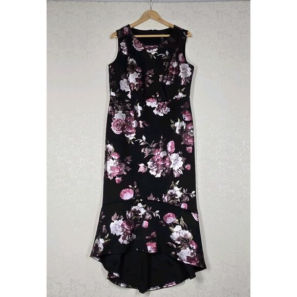 Enfocus High Low Maxi Sheath Dress 14W Black Pink Floral Rose Sleeveless Evening - Picture 14 of 14